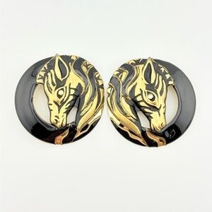 Vintage 80’s Gold/Black Enamel on Gold Metal Zebra Earrings